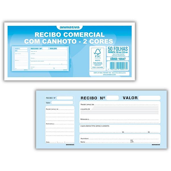 Impresso recibo comercial com canhoto 50f 2cor - animativa (pct.c/10)