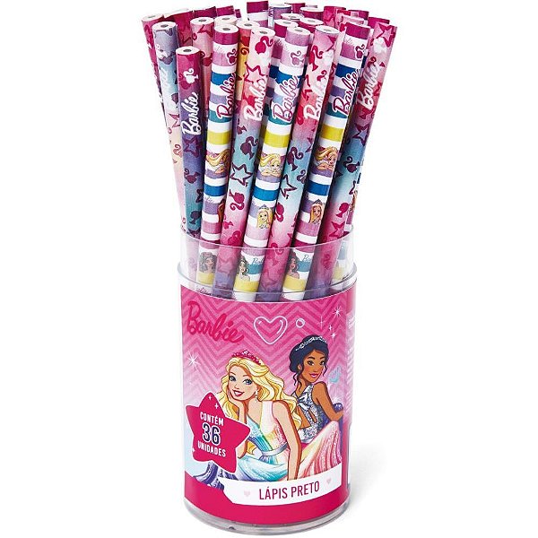 Lapis preto redondo decorado barbie tris 2 modelos (s) - summit (pote-36)