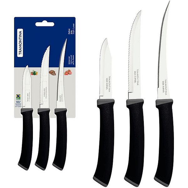 Faca jogo felice 3pcs inox cabo pt - tramontina (unidade)
