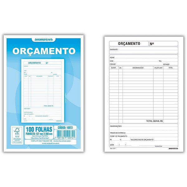 Impresso administrativo orcamento 100 folhas 137x207mm - animativa (pct.c/10)