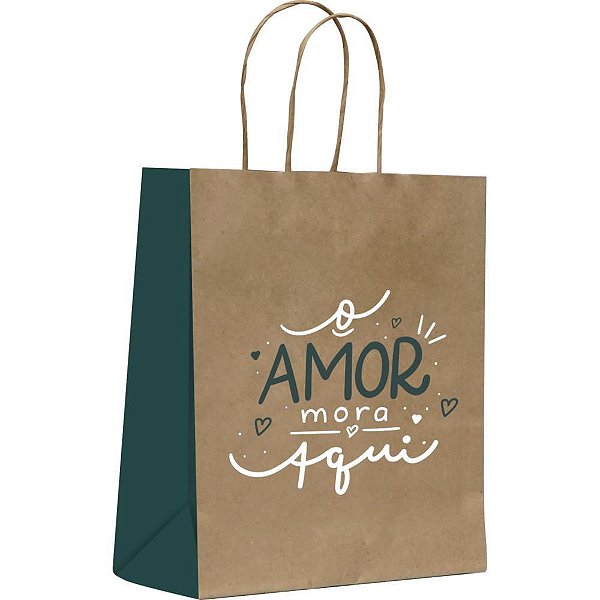 Sacola para presente decorada amor mora aqui m 22x31x10cm - scrity (pct.c/10)