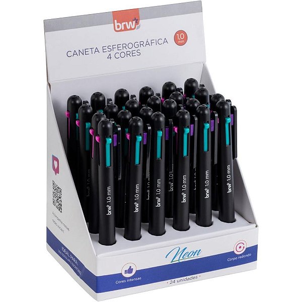 Caneta esferografica neon 4 cores 1.0mm preta - brw (dp.c/24)