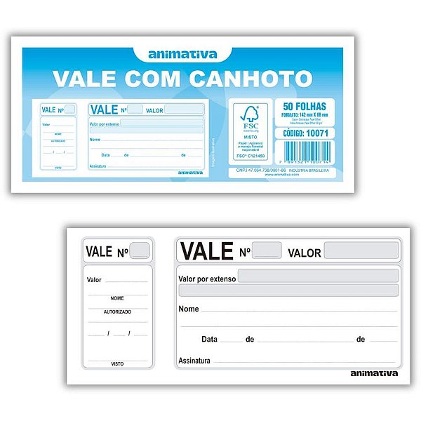Impresso vale 100 folhas com canhoto - animativa (pct.c/20)