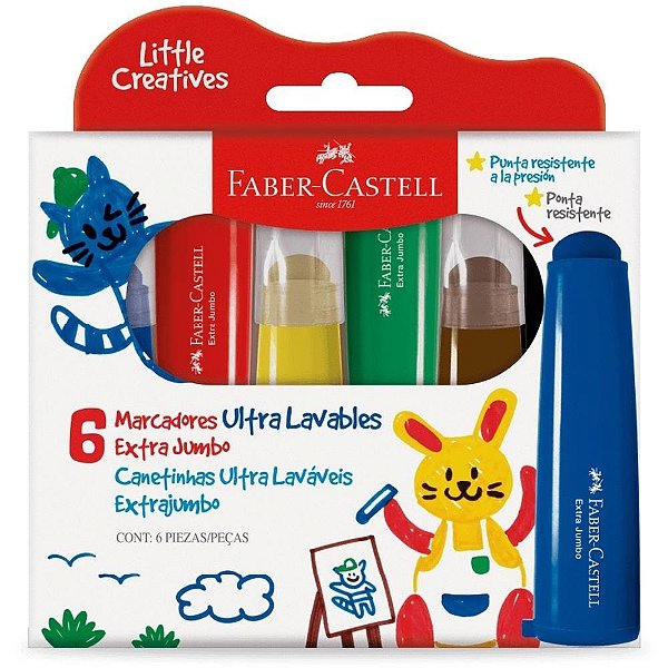 Caneta hidrografica jumbo 6 cores lavaveis l.creatives - faber-castell (estojo)