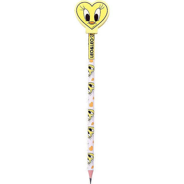 Lapis preto redondo decorado looney tunes c/borracha 4mod. - leonora (pote-30)