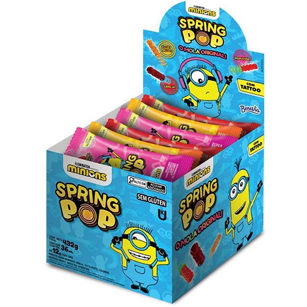 Doce spring pop minions c/tatoo (sortido) - bazooka candy (dp.c/36)