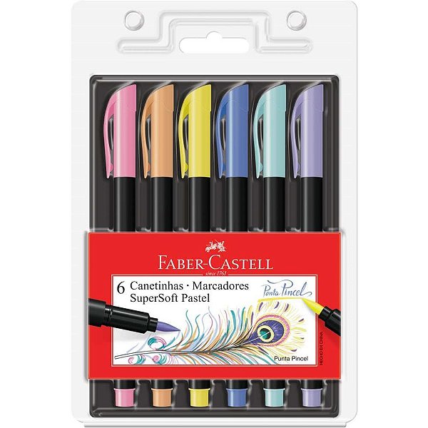 Caneta hidrografica supersoft 6 cores pastel - faber-castell (cx.c/06)