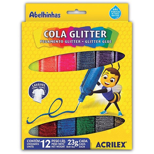 Cola com glitter estojo c/12 cores 23g (s) - acrilex (pct.c/03)