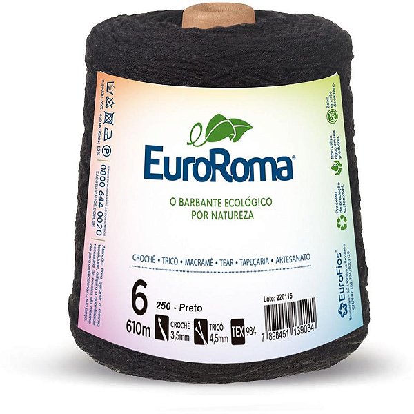 Barbante colorido 600g 4/6 fios 610m preto - euroroma (unidade)