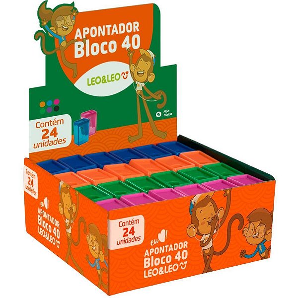 Apontador com deposito leo e leo bloco 4cm sortido - leonora (cx.c/24)