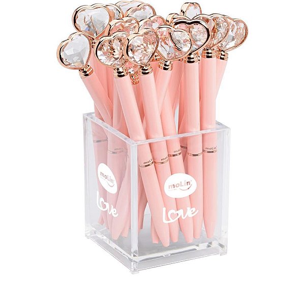 Caneta esferografica coracao diamante rosa - molin (pote-20)