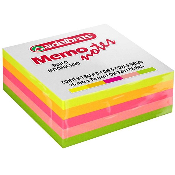 Bloco de recado autoadesivo memonote neon 76x76 320fls - adelbras (unidade)