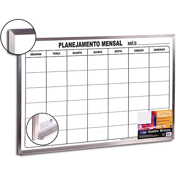 Quadro branco moldura aluminio 090x060cm planejamento mensal - cortiarte (unidade)