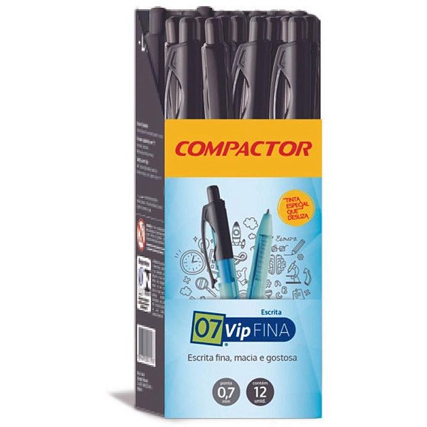 Caneta esferografica retratil 07 vip fina pt - compactor (cx.c/12)