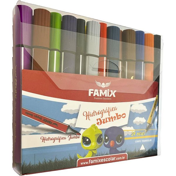 Caneta hidrografica jumbo triangular 24 cores - famix (estojo)