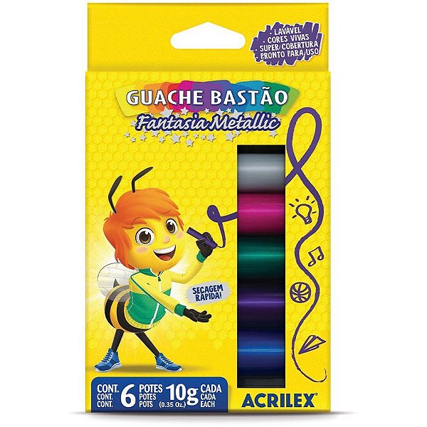 Tinta guache bastão mettalic c/06 cores - acrilex (estojo)