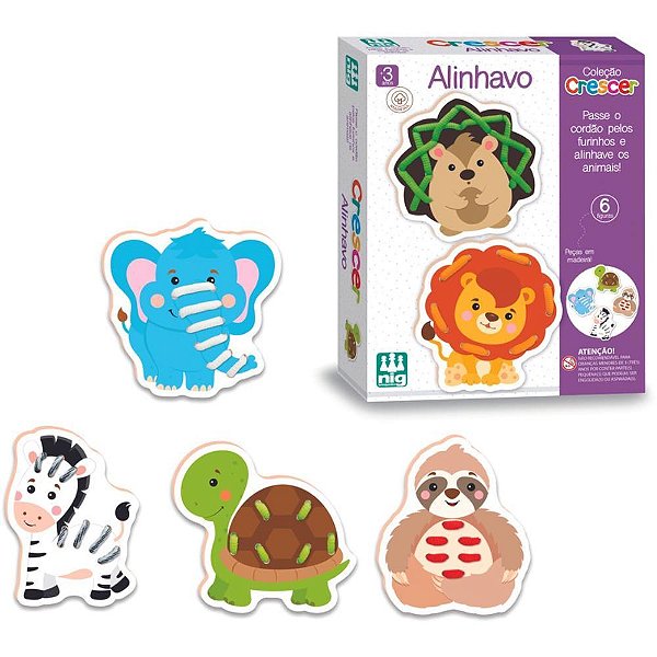 Brinquedo educativo alinhavo 6 animais em madeira - nig brinquedos (unidade)