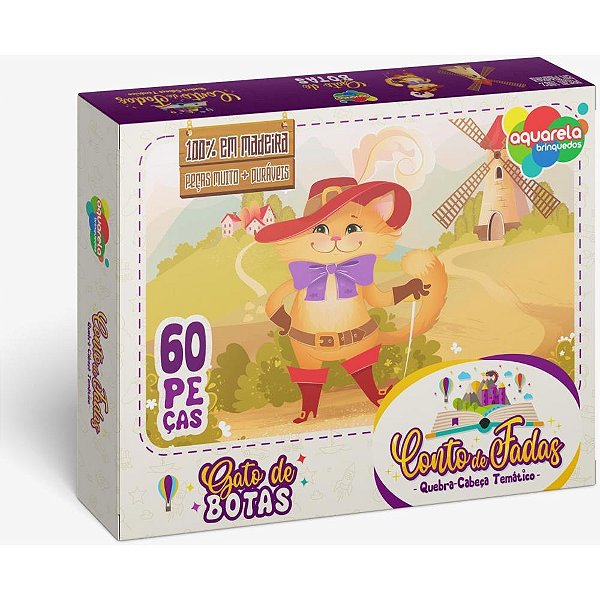 Quebra-cabeca madeira gato de botas 60 pecas - aquarela brinquedos (unidade)