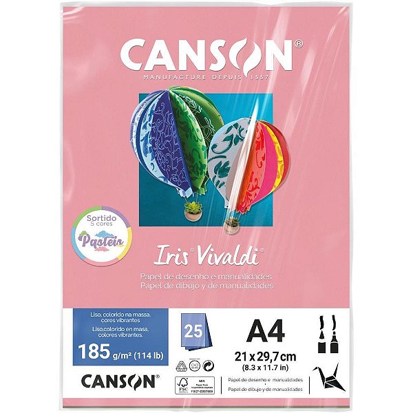 Papel a4 color iris vivaldi cores pastel 185g - canson (pct.c/25)