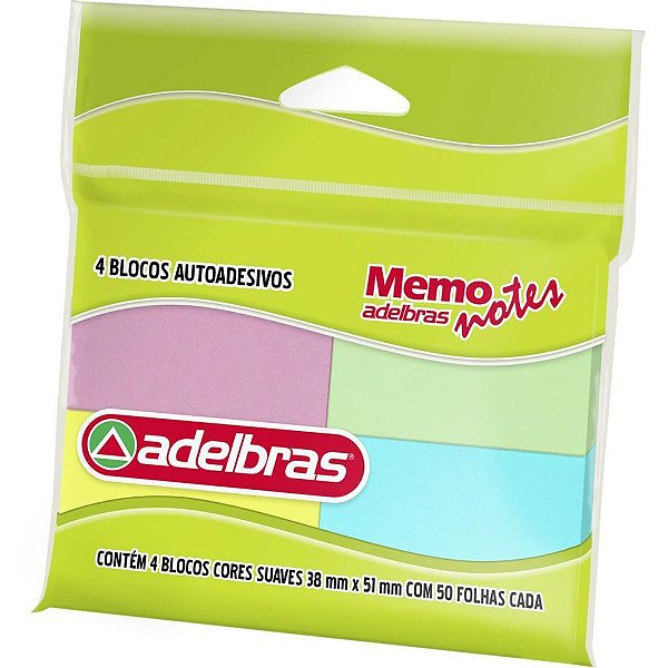 Bloco de recado autoadesivo memonote cor suave 38x51 50fls - adelbras (pct.c/04)