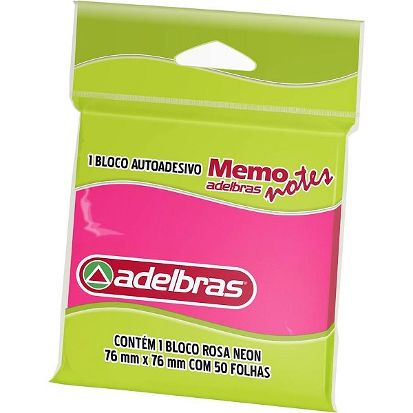 Bloco de recado autoadesivo memonote rosa neon 76x76 50fls - adelbras (unidade)