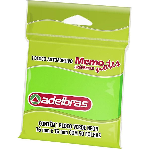 Bloco de recado autoadesivo memonote verde neon 76x76 50fl - adelbras (unidade)