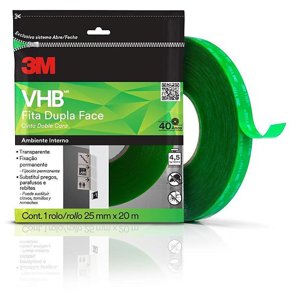 Fita fixa forte vhb4910 tranp/verde 25mmx20m - 3m (unidade)