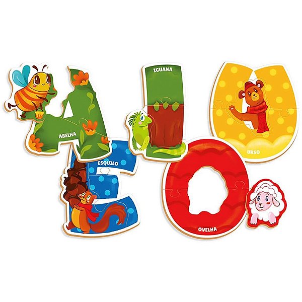 Quebra-cabeca madeira vogais dos animais 15pcs - brinc. de crianca (unidade)