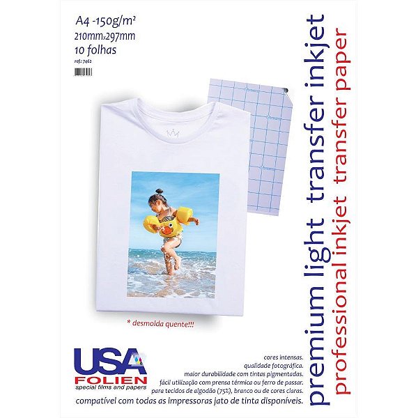 Papel transfer inkjet premium 150g a4 - usa folien (pct.c/10)