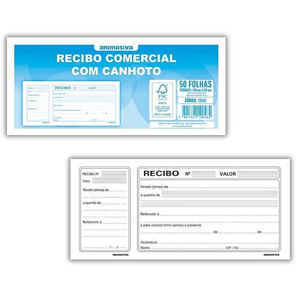 Impresso recibo comercial com canhoto 50f - animativa (pct.c/20)