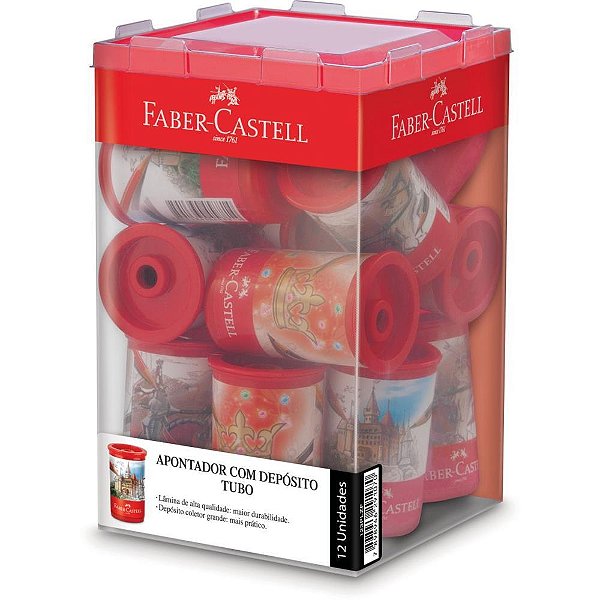 Apontador com deposito tubo plastico decorado subst. - faber-castell (cx.c/12)