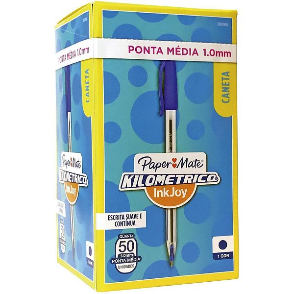 Caneta esferografica kilometrica 100 media azul - paper mate (cx.c/50)