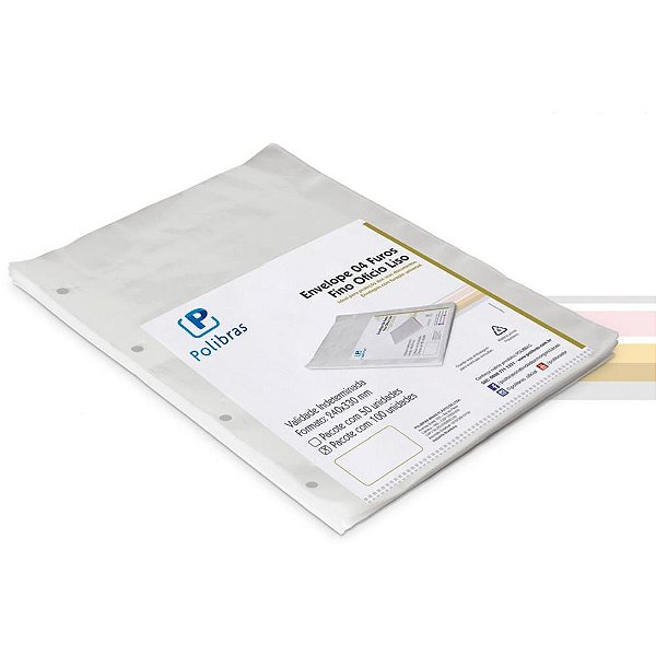 Envelope plastico oficio 4furos fino 0,06mm - polibras (pct.c/100)