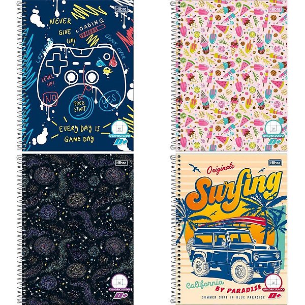 Caderno quadriculado univers. d+ 96fls 1x1cm masc/fem. cd - tilibra (pct.c/04)