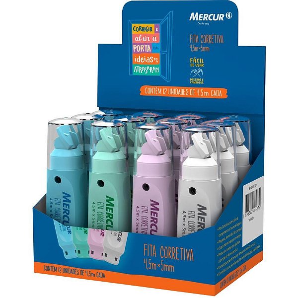 Corretivo em fita 5mmx4,5m cores sortidas - mercur (cx.c/12)