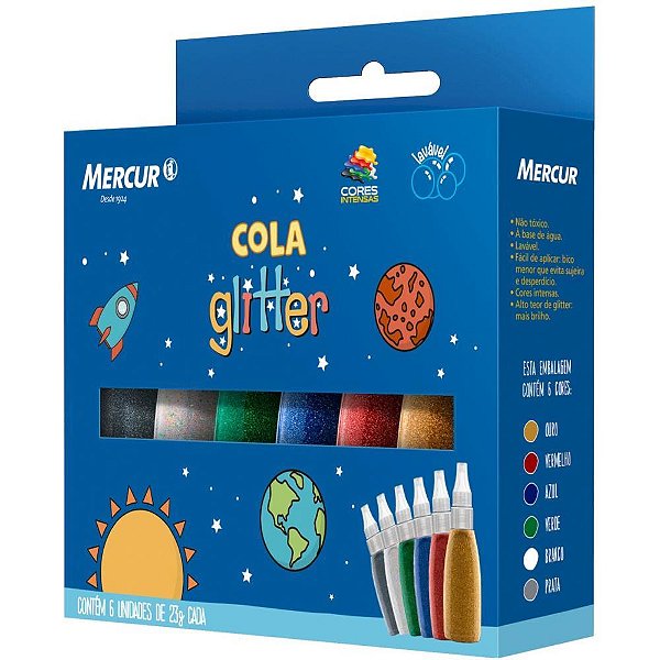 Cola com glitter 06 cores sistema solar 23g - mercur (estojo)