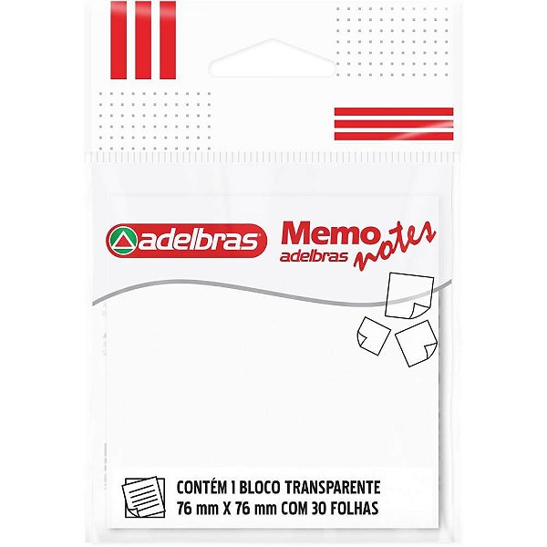 Bloco de recado autoadesivo memonote transp. 76x76 30fls. - adelbras (unidade)