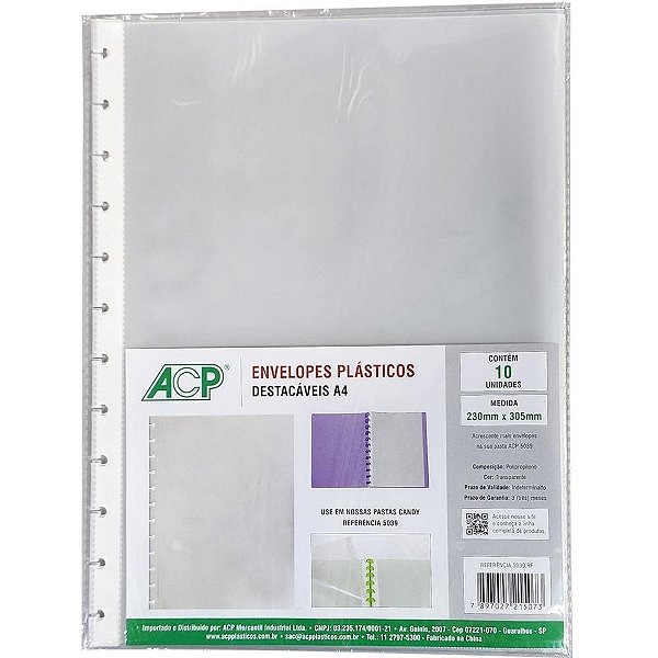 Envelope plastico a4 refil destacaveis 23x30cm - acp (pct.c/10)