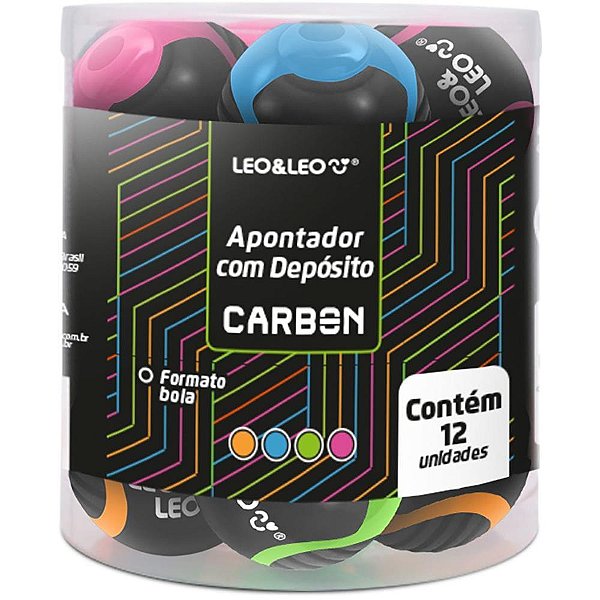 Apontador com deposito carbon line bola 4 cores - leonora (pote-12)
