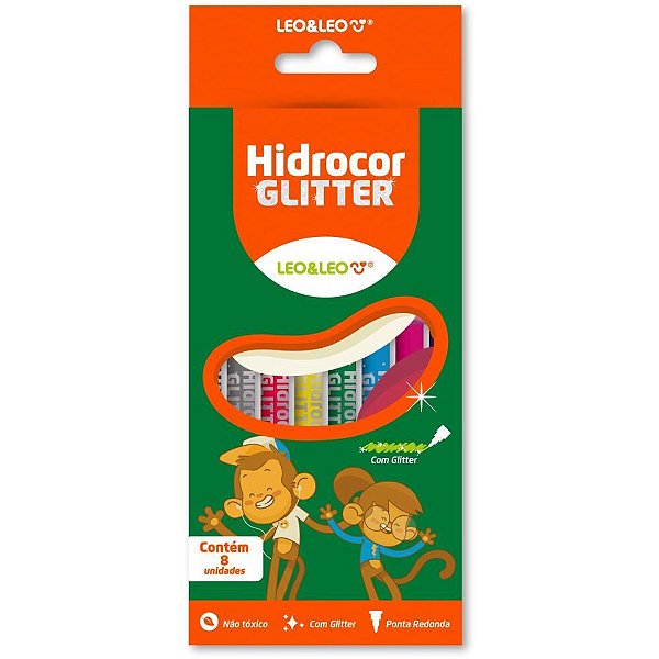 Caneta hidrografica hidrocor 8 cores c/glitter - leonora (estojo)