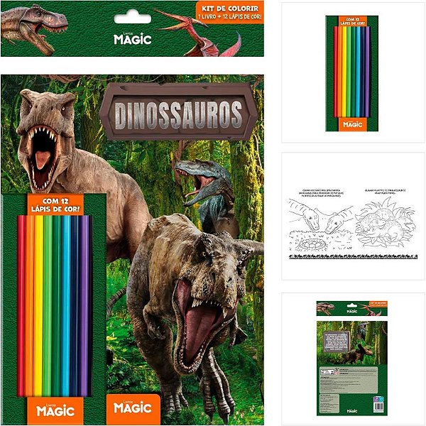 Livro infantil colorir kit lapis de cor dinossauros - magic kids (unidade)