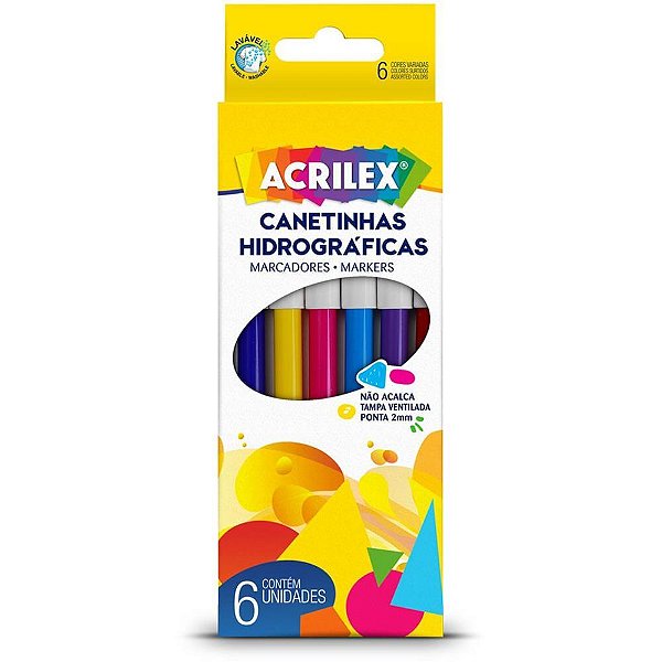 Caneta hidrografica ponta 2mm 6 cores tampa ventil - acrilex (pct.c/24)