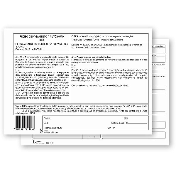 Impresso recibo autonomo pgto 3vias 25x3fls - tamoio (pct.c/10)