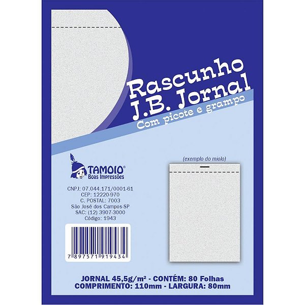 Bloco para rascunho jornal 80fls 80x110mm c/picote - tamoio (pct.c/20)