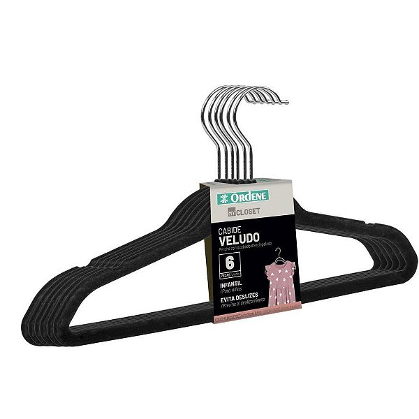 Cabide veludo preto infantil c/6 unid - ordene (kit)