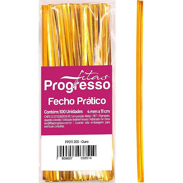 Fecho metalico dourado 4mmx11cm. - fitas progresso (pct.c/100)