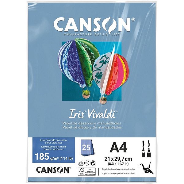 Papel a4 color iris vivaldi azul 185g - canson (pct.c/25)