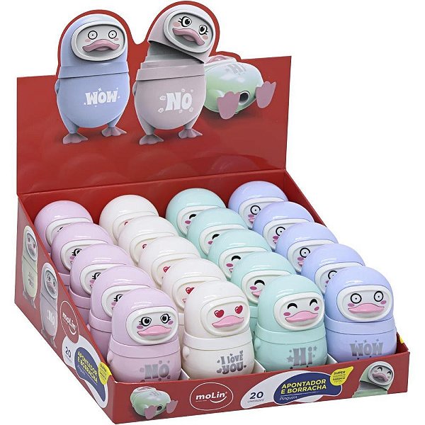 Apontador com deposito decor. pinguim c/borracha 4 cores - molin (dp.c/20)