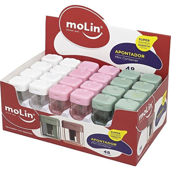 Apontador com deposito mini container 3 cores - molin (dp.c/48)