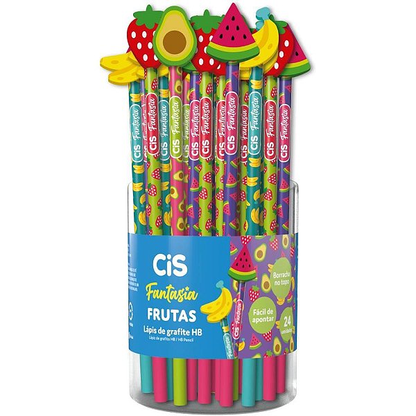 Lapis preto redondo decorado cis borracha frutas 4 mod. (s) - sertic (pote-24)